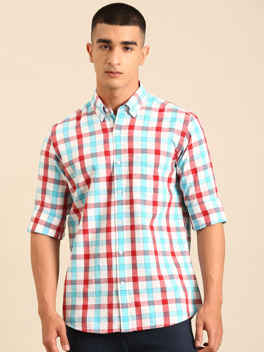 CAVALLO by Linen Club Santorini Contemporary Windowpane Checked Spread Collar Shirt