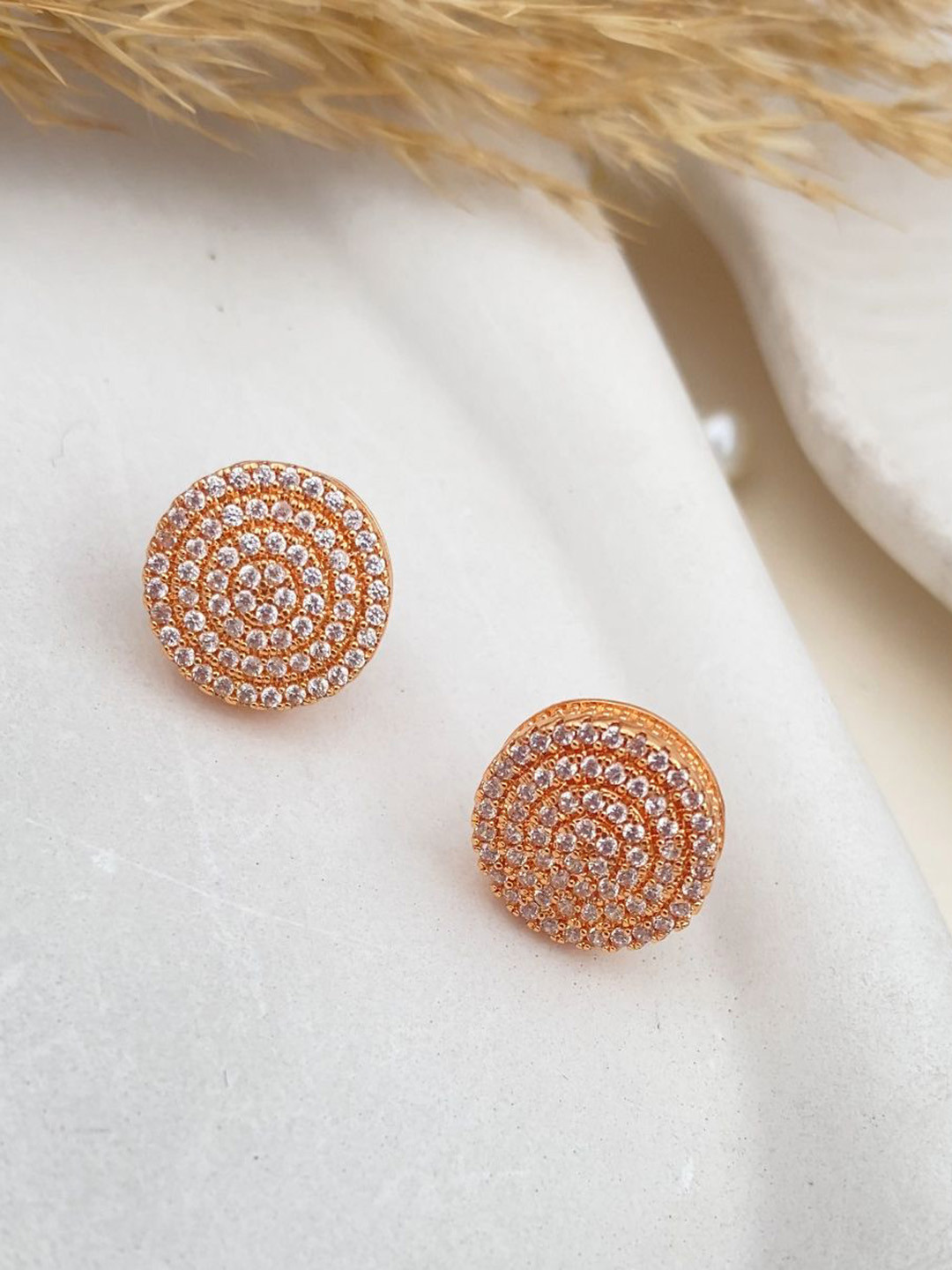 Rare Bello Rose Gold-Plated American Diamond Studded Circular Shaped Studs