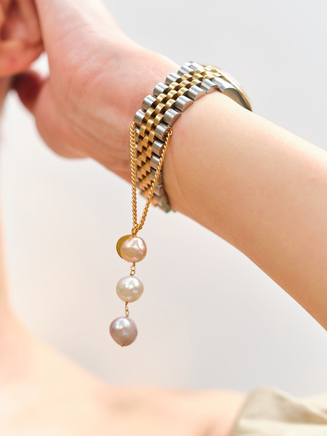 Anaash Gold-Plated Pearls Beaded Triplet Watch Charm Bracelet