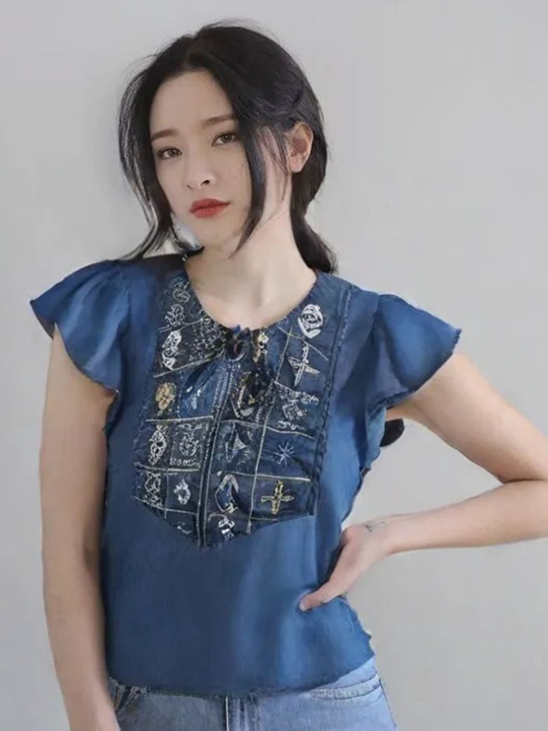 Shiv traders collection Women Embroidered Tie-Up Neck Flutter Sleeve Cotton Denim Top