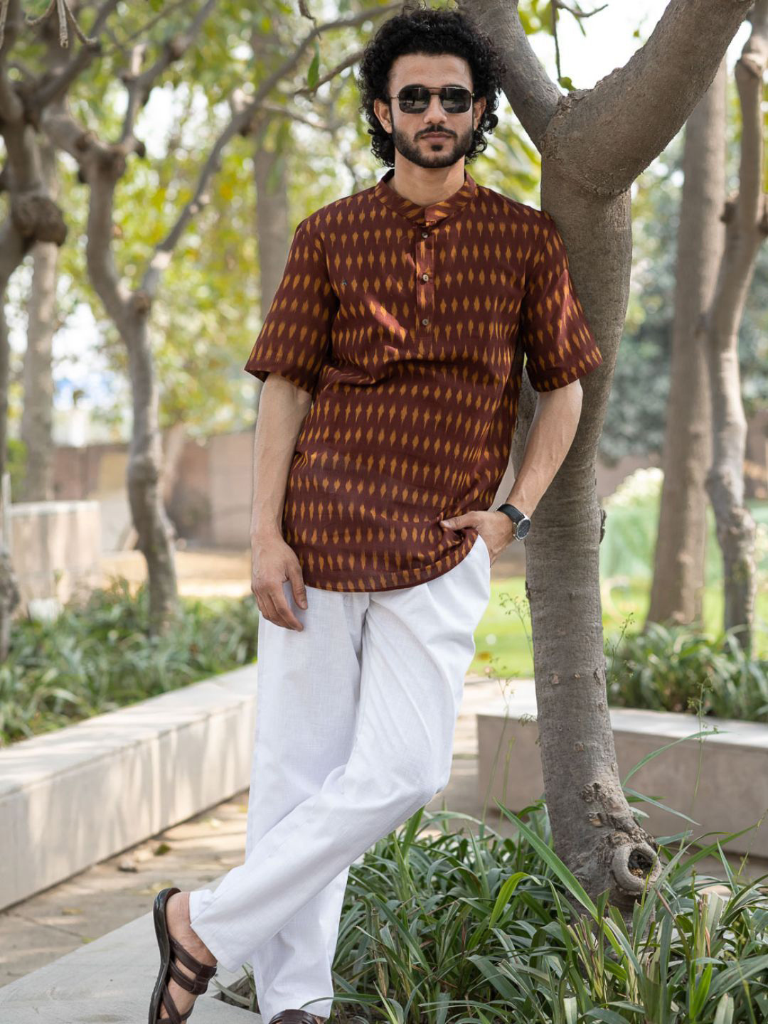 The India Craft House Geometric Printed Mandarin Collar Cotton Shirt