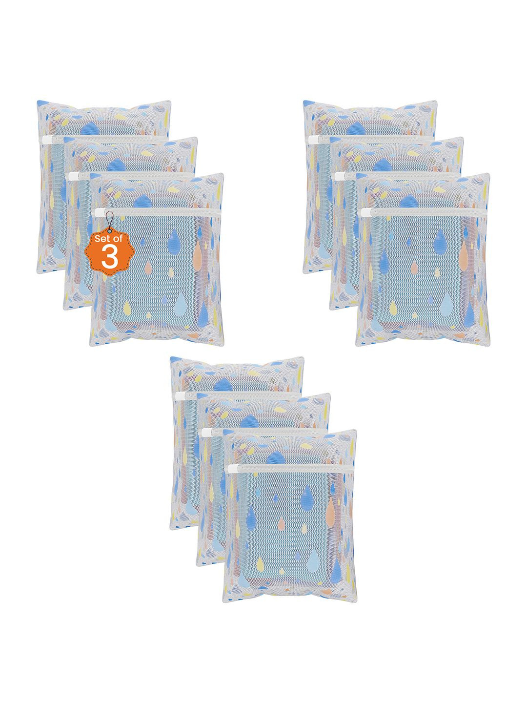 Kuber Industries White & Blue 9 Pieces Drop Printed Reusable Laundry Bags With Zipper