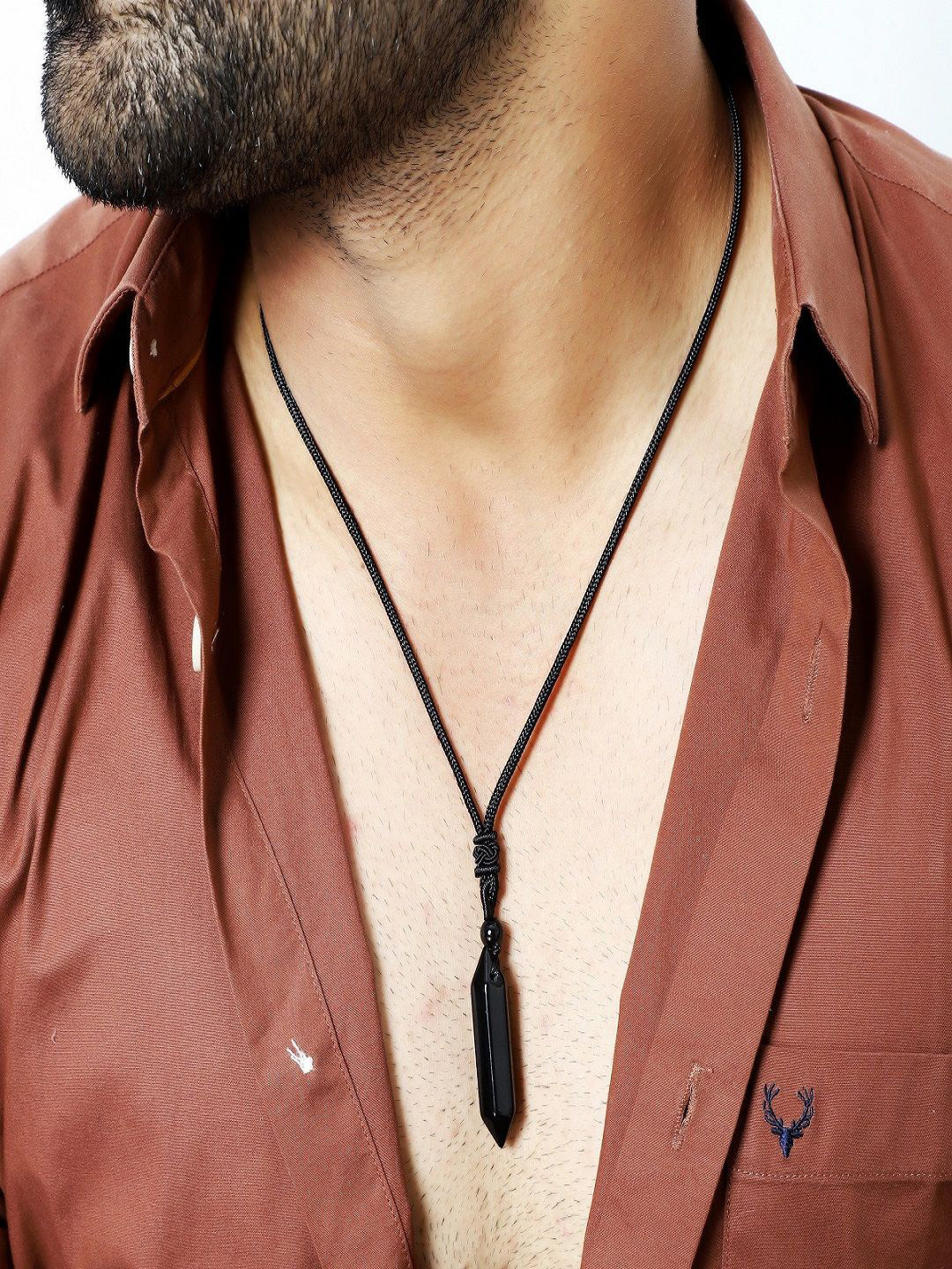 Nirvana Men Stainless Steel Geometric Shaped Onyx Hexagonal Pointed Rope Pendants