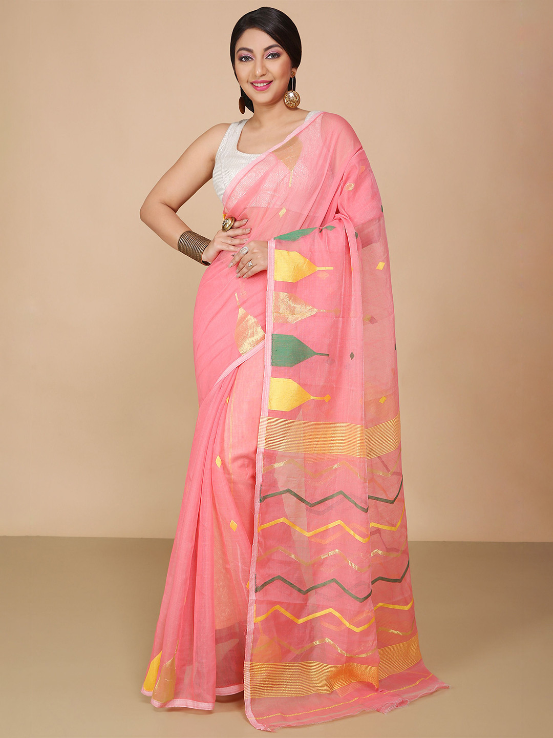 BENGAL HANDLOOM Anchal Beki Temple Border Woven Design Jamdani Saree