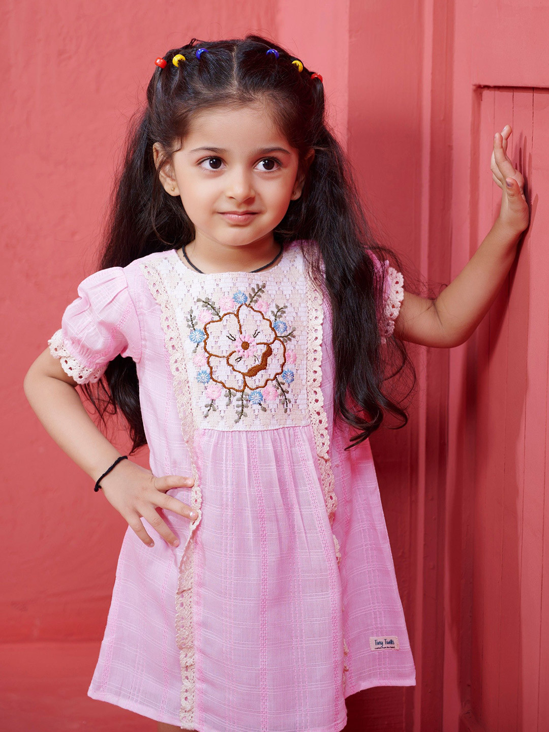 TINY TWILLS Girl Floral Embroidered Puff Sleeves Fit & Flare Dress