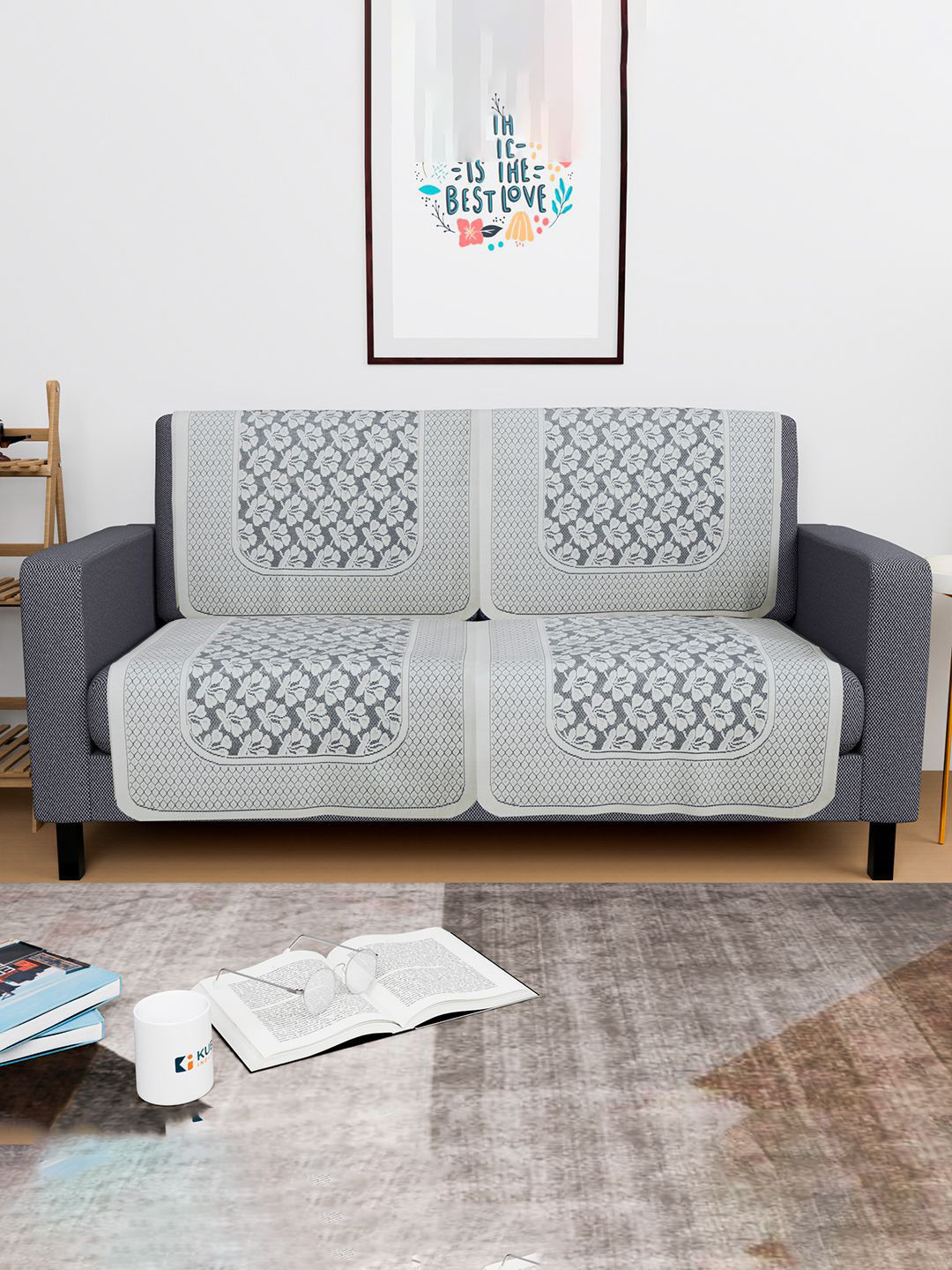 Kuber Industries Grey 4 Pieces Plain Leonardo Flower Cotton 2 Seater Sofa Covers