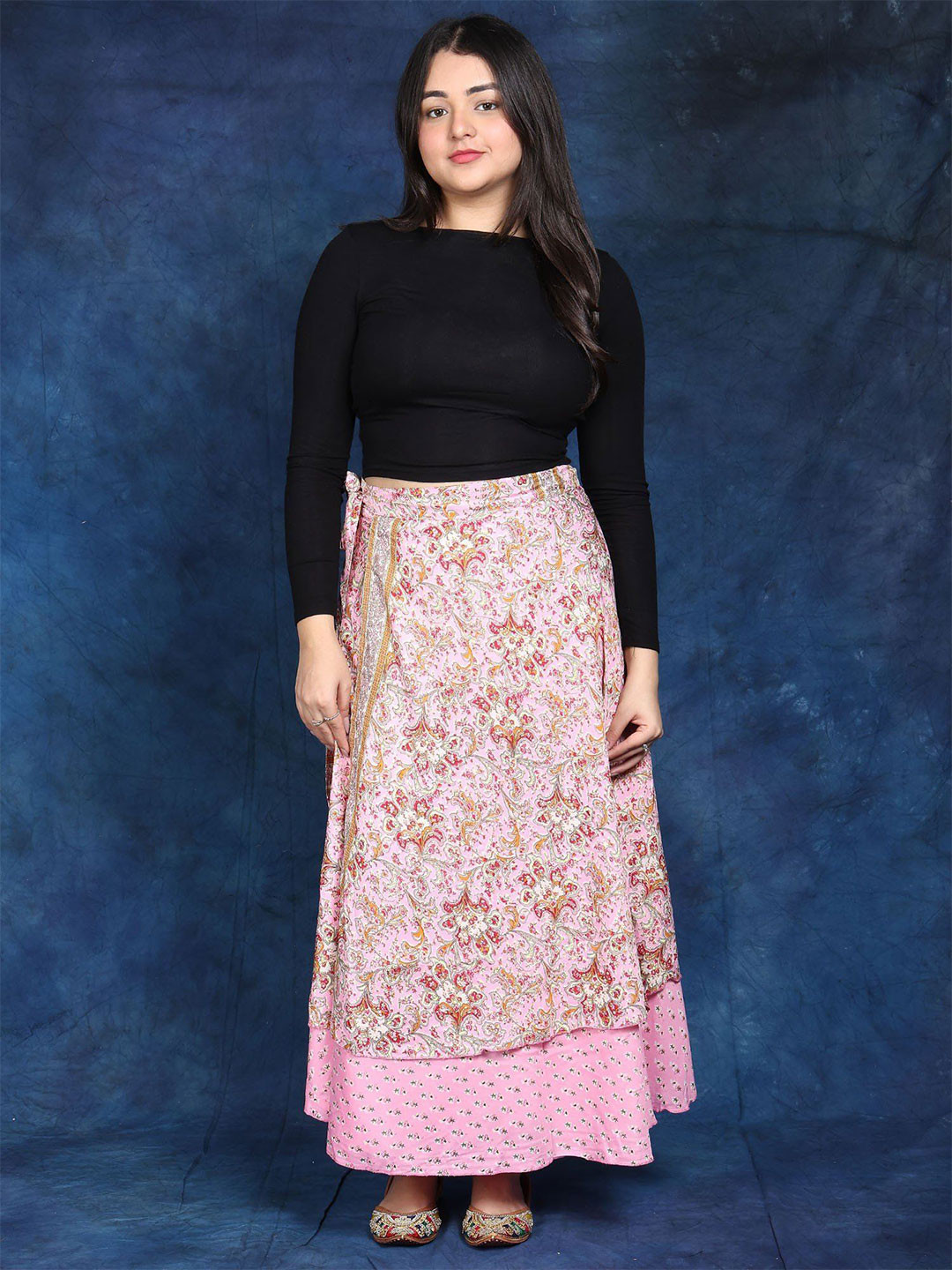 Exotic India Double Layer Wrap-Around Long Skirt with Floral Print