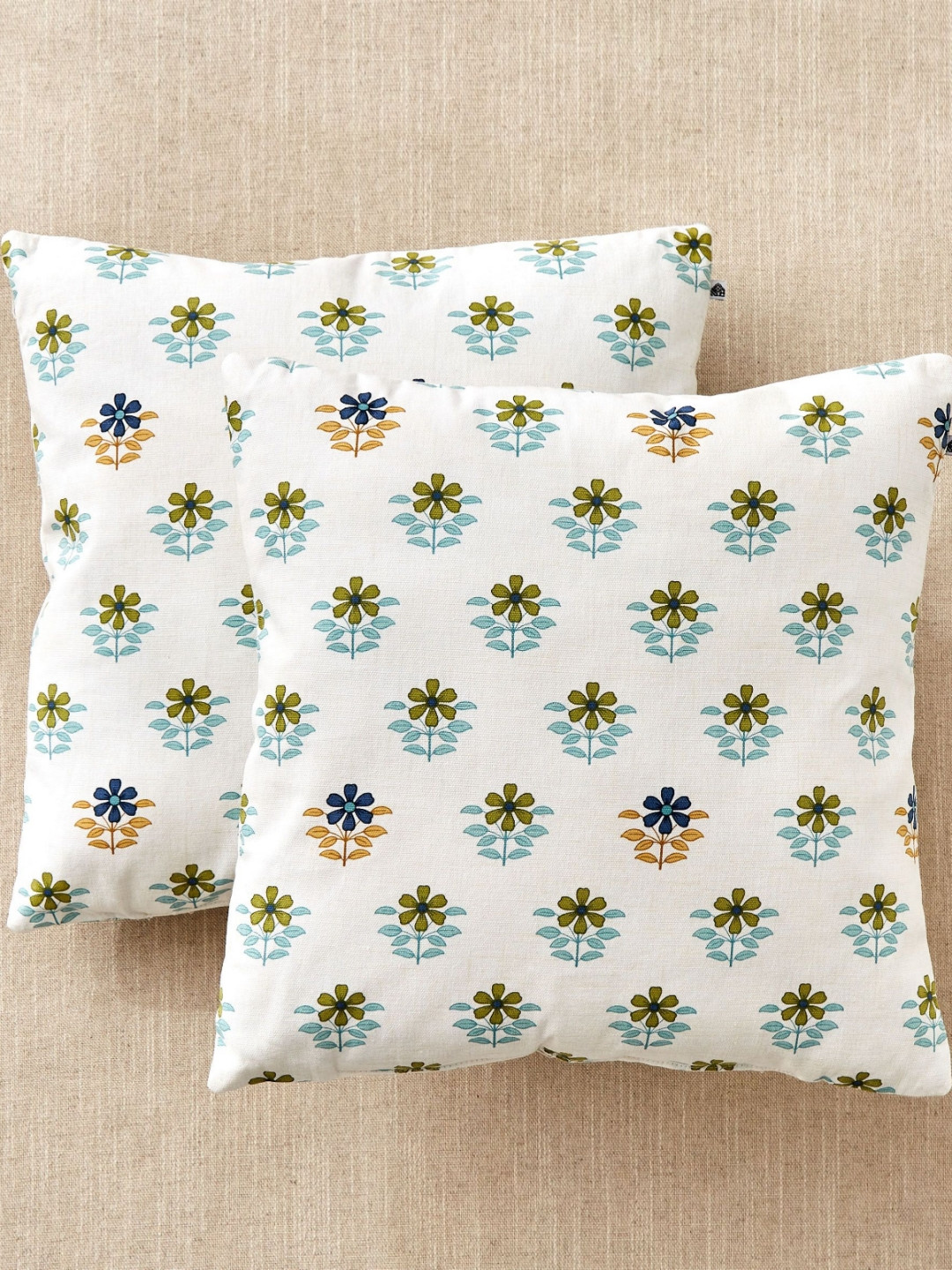 Home Centre Ebony Grace Cassia White & Green 2 Pieces Cotton Printed Filled Cushions