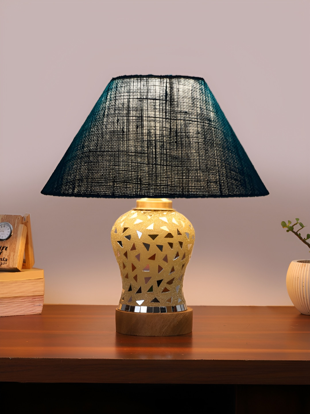 Devansh Turquoise Blue Textured Wood Frusturical Shaped Table Lamp