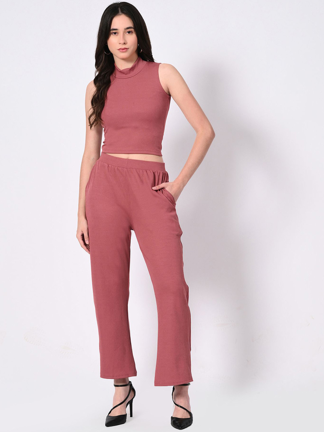 BAESD Mock Neck Sleeveless Crop Top With Palazzos