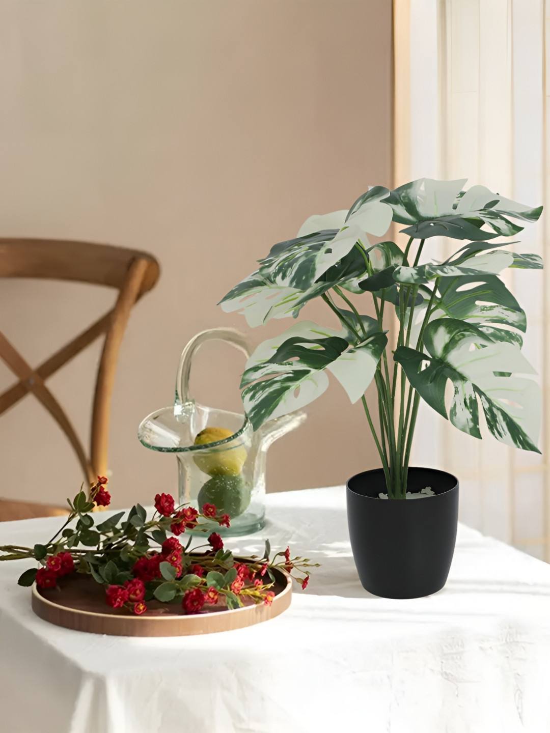 Home Bloom Green & Black Artificial Monstera Deliciosa Leaves Plant With Pot