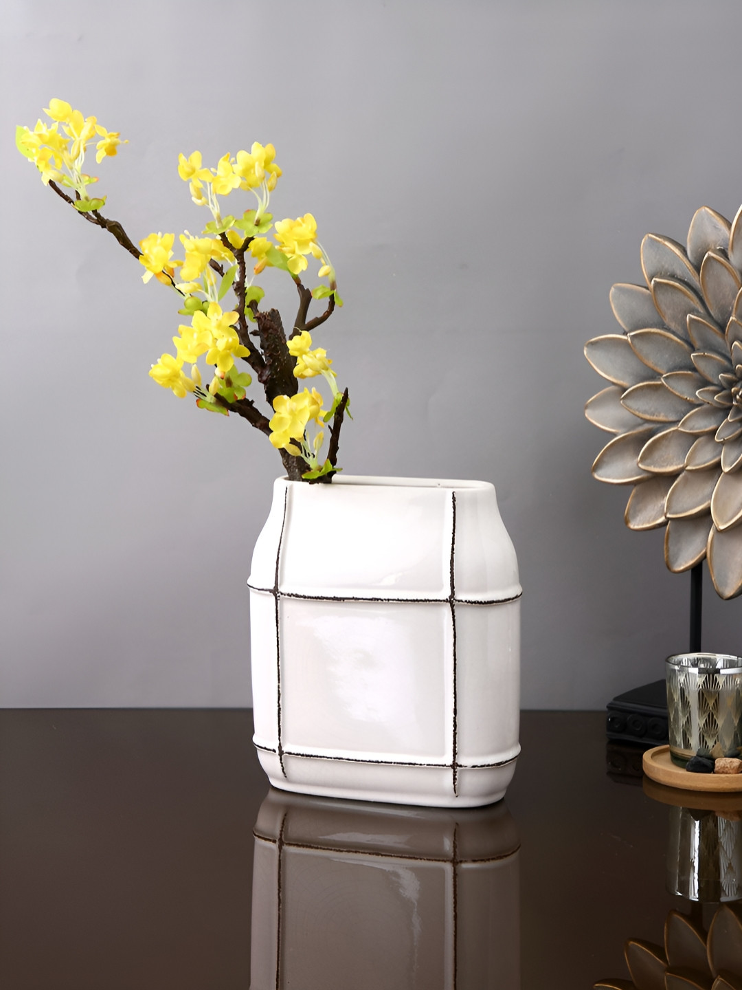 Myntra Elegant Homes White & Black Textured Grid Ceramic Vase