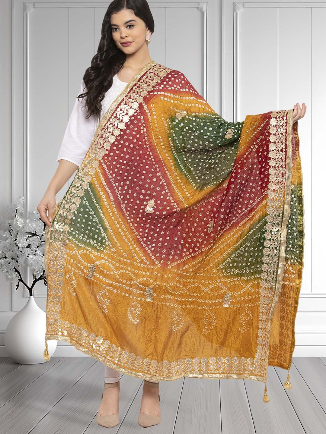 Moda Rapido Dyed Bandhani Silk Dupatta with Gotta Patti