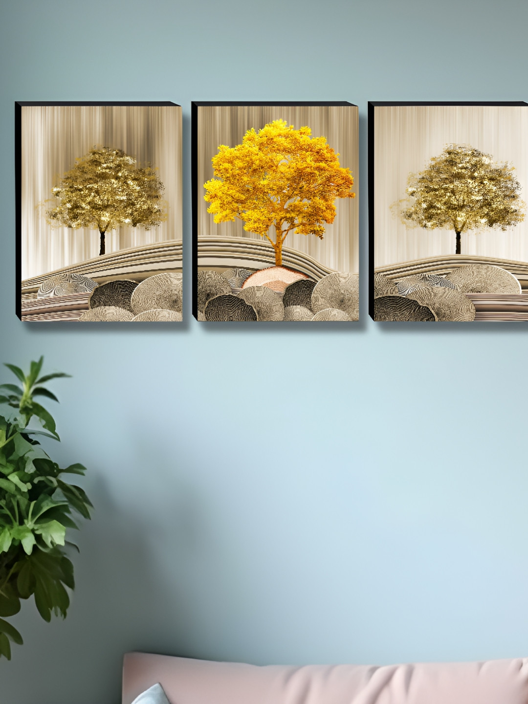 Myntra Elegant Homes Beige & Gold-Toned 3 Pieces Tree Floral & Botanical Wall Art