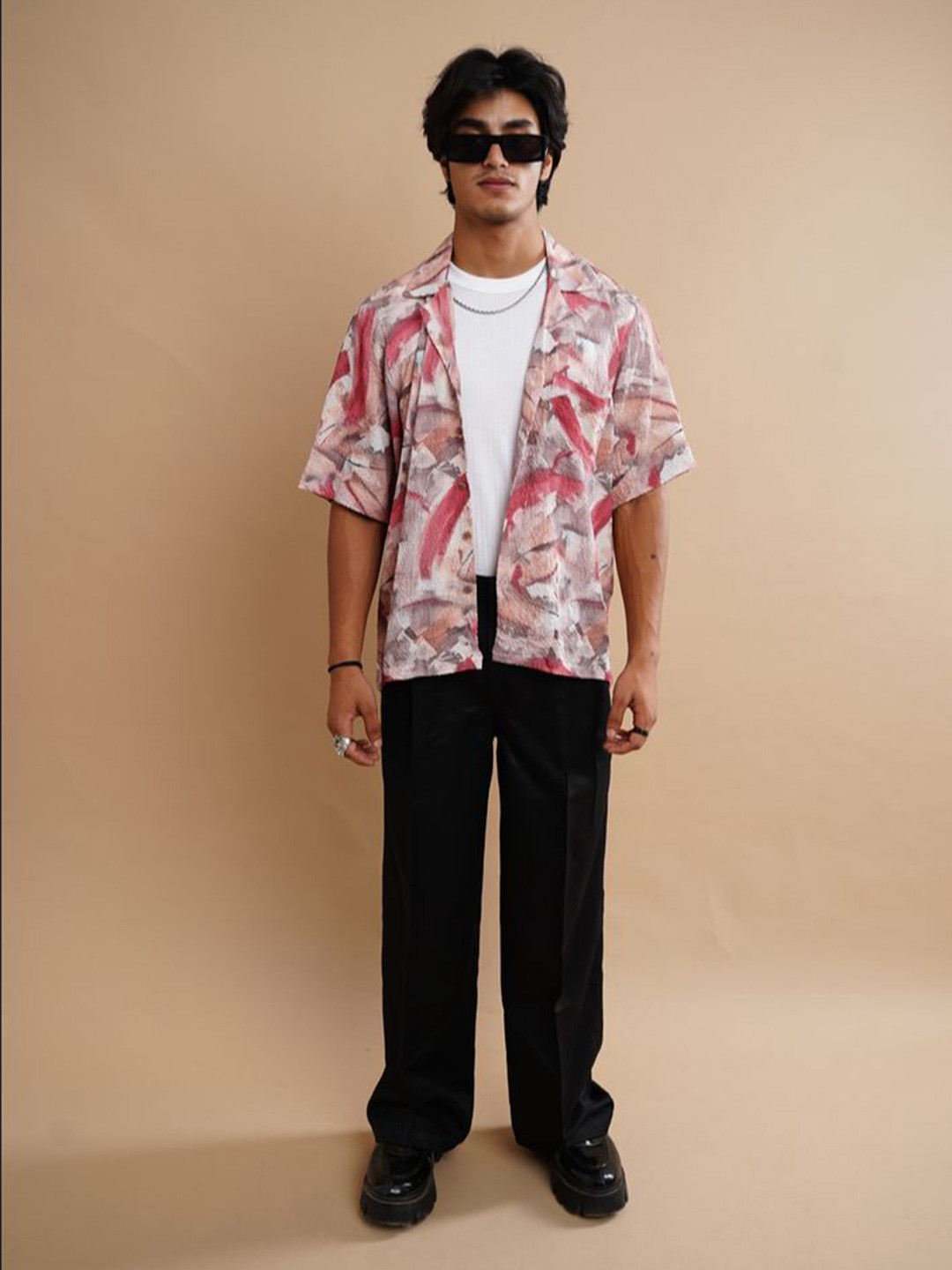 Big Bunny Men Custom Cuban Collar Abstract Printed  Oversized Casual Shirts