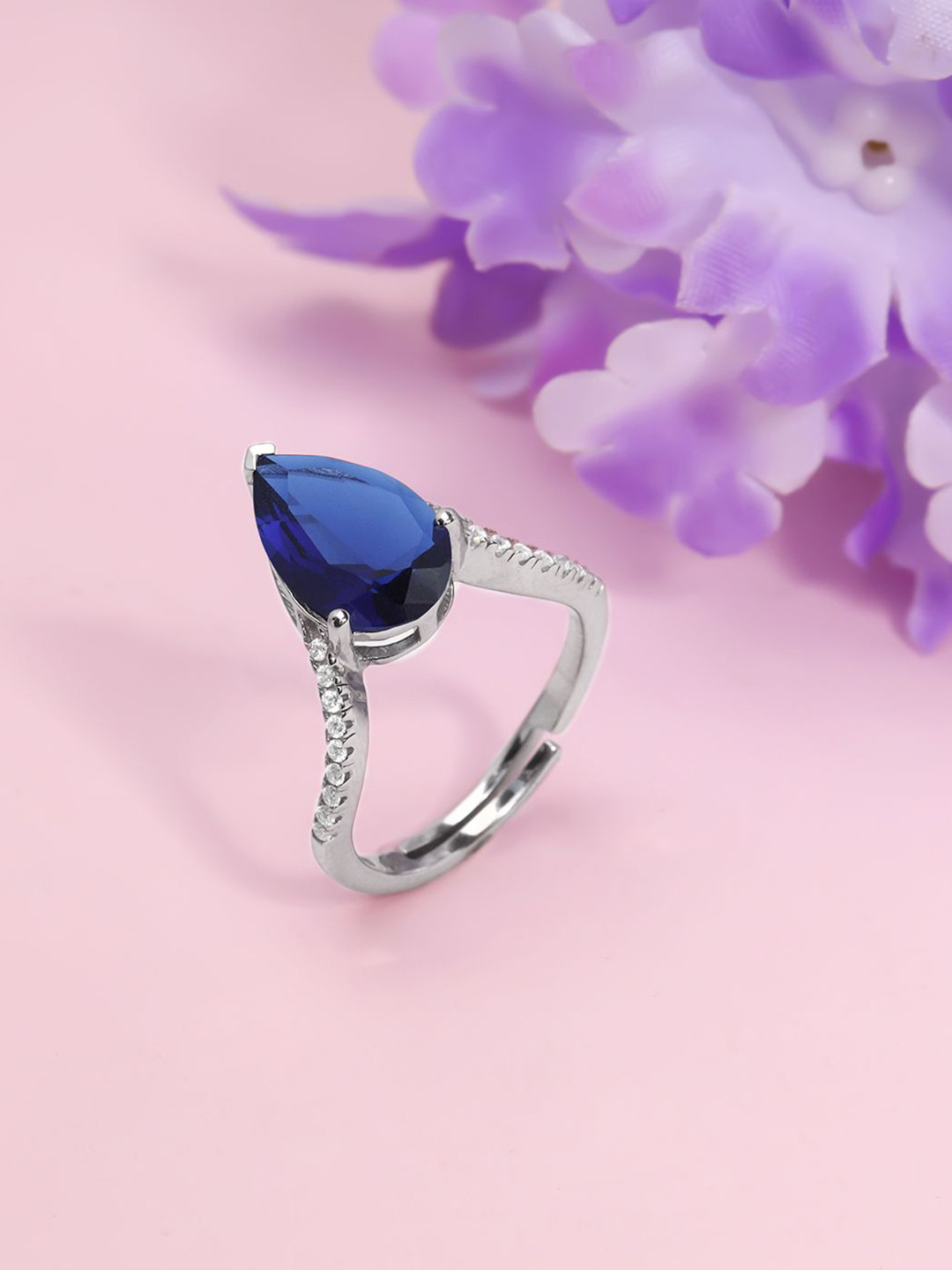 GIVA 925 Sterling Silver Rhodium Plated Cubic Zirconia Studded Midnight Blue Ring