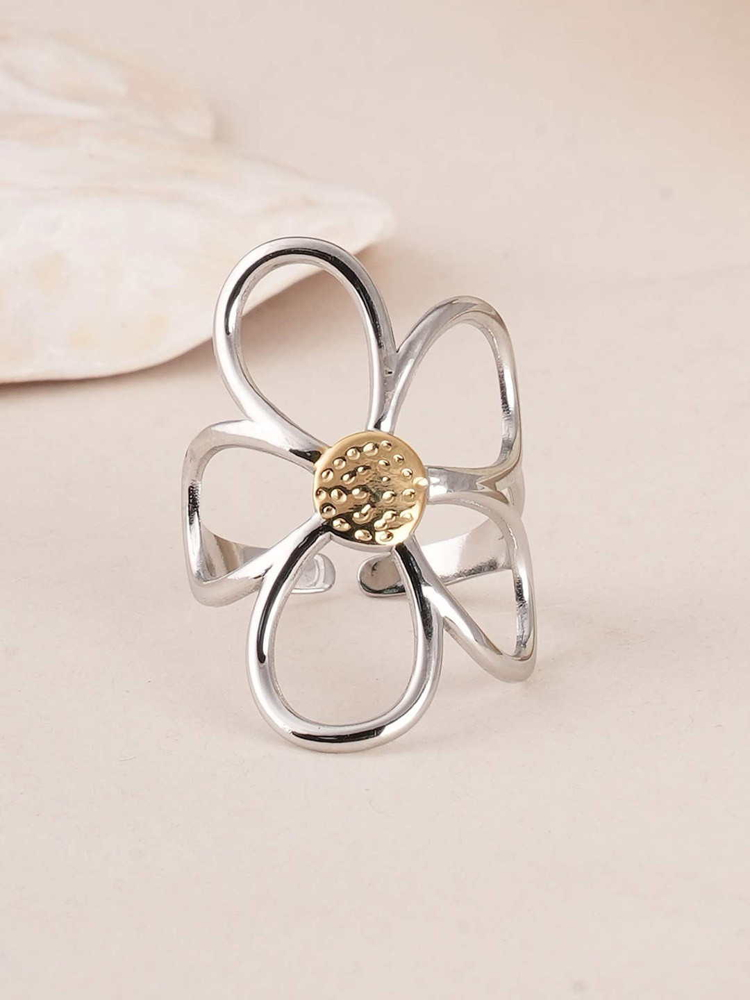 PALMONAS Rhodium Plated Stainless Steel Waterproof & Anti Tarnish Daisy Flower Finger Ring