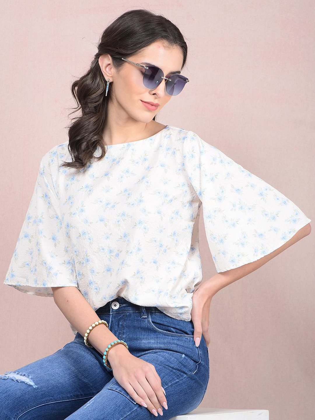 Crimsoune Club women Floral Printed Boat Neck Flared Sleeve Regular Top