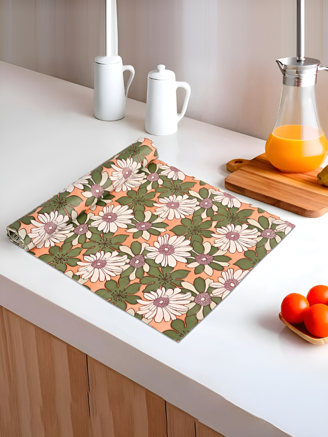 Myntra Elegant Homes Orange Colored & Green Floral Printed Shelf Liner Organiser