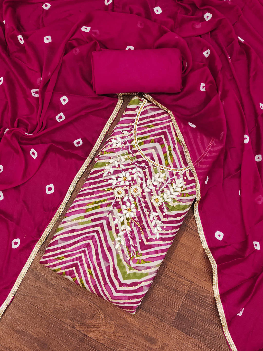 SHADOW & SAINING Chevron Printed Beads And Stones Roman Silk Unstitched Dress Material