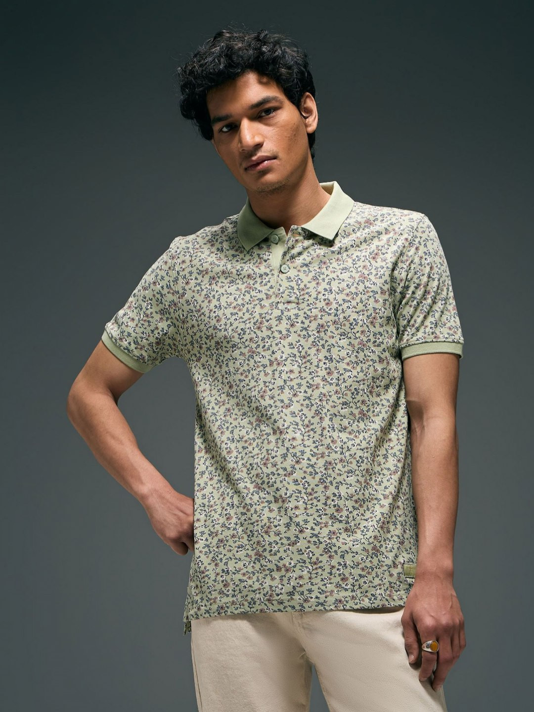 Flying Machine Floral Printed Polo Collar Cotton T-shirt