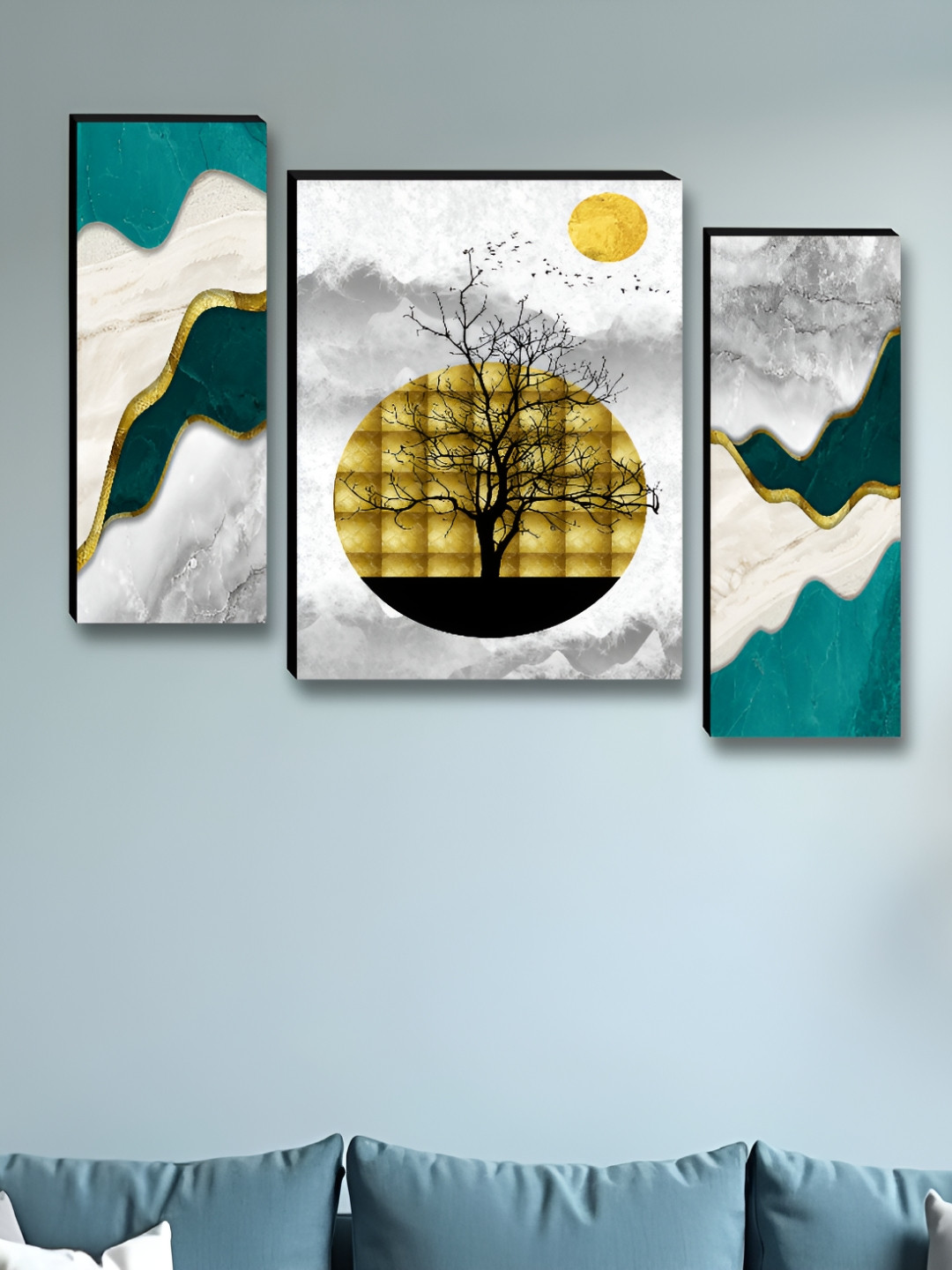 Myntra Elegant Homes Grey & Gold-Toned 3 Pieces Tree & Moon Floral And Botanical Wall Arts