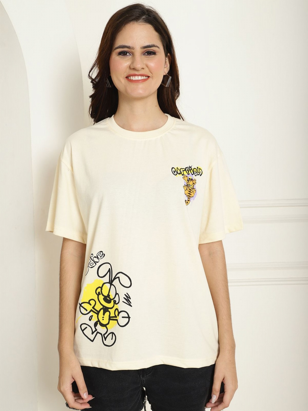 Tromko Women Garfield Graphic Printed Round Neck Cotton Oversized T-shirt