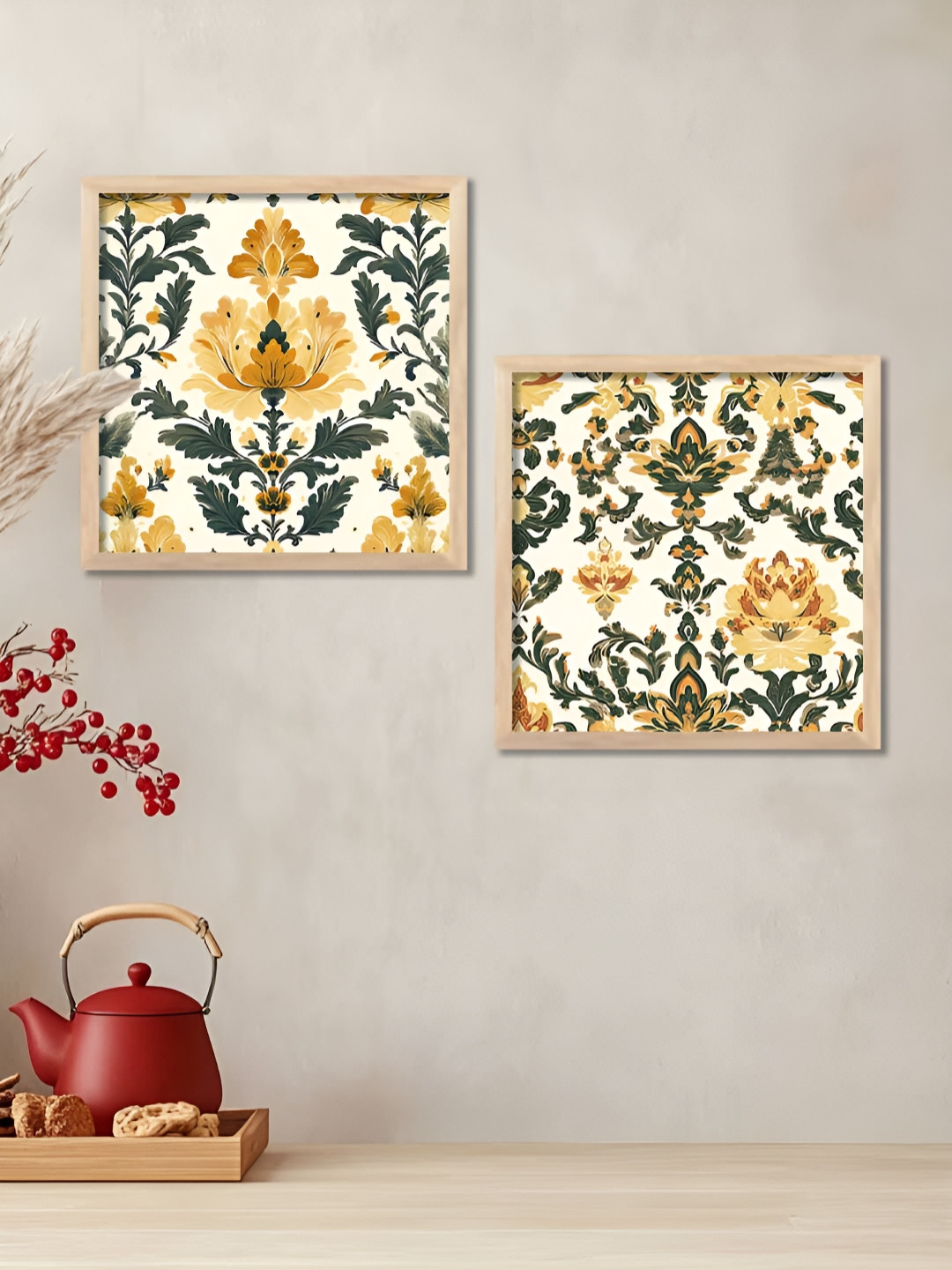 Kotart Brown & Green 2 Pieces Madhubani Floral Wood Wall Art