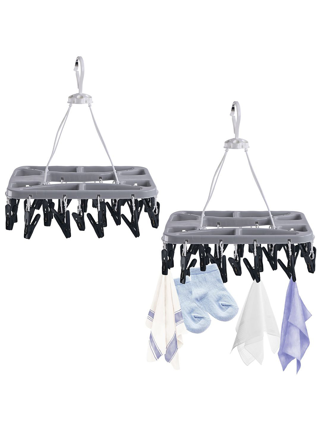 Kuber Industries 2 Pieces Grey & Black 360 Rotating Cloth Drying Hangers With 28 Clips