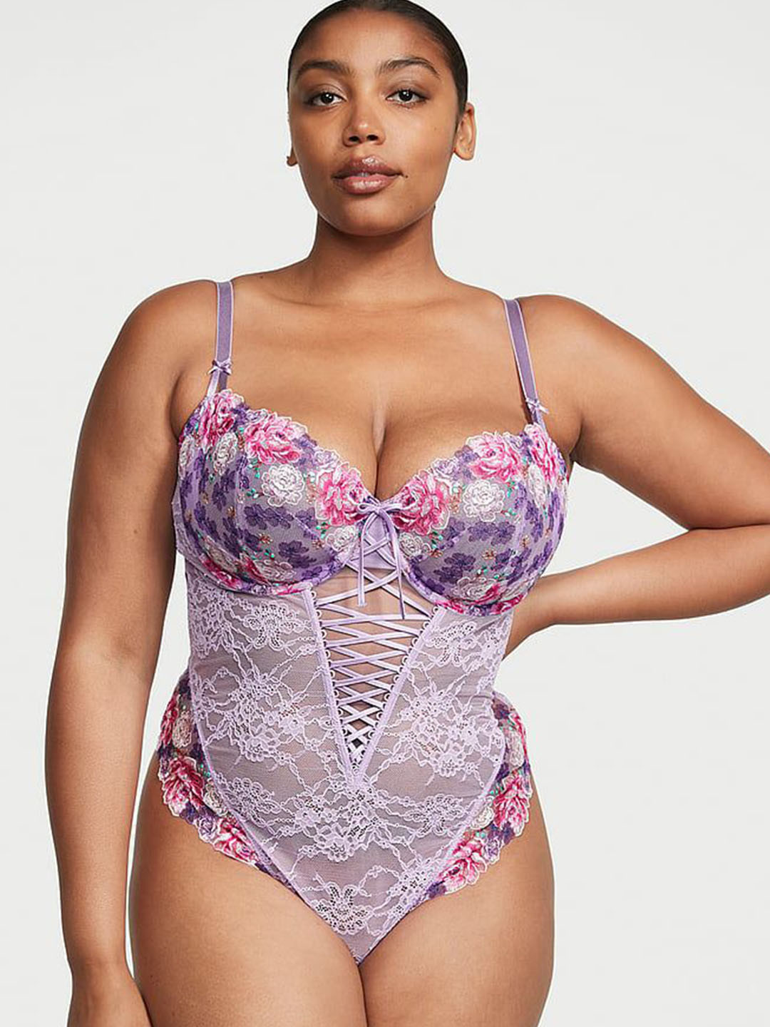 Victoria's Secret Floral Embroidered Lace-Up Teddy Bodysuit