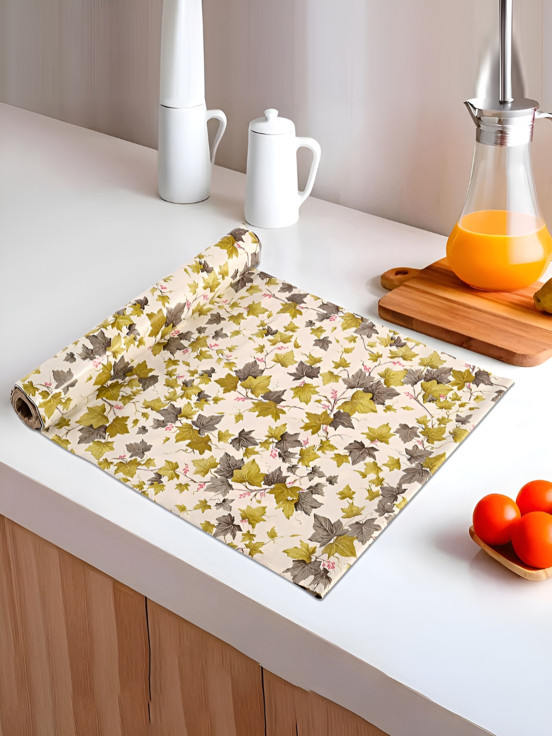 Myntra Elegant Homes Cream-Coloured & Green Floral Printed Shelf Liner Organiser
