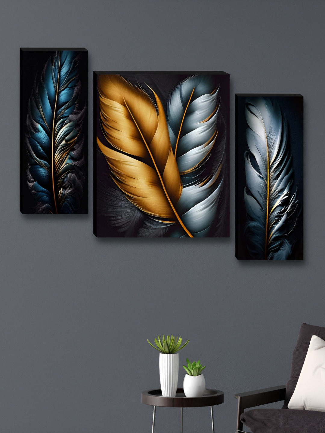 Myntra Elegant Homes Black & Blue 3 Pieces Floral and Botanical Wall Paintings