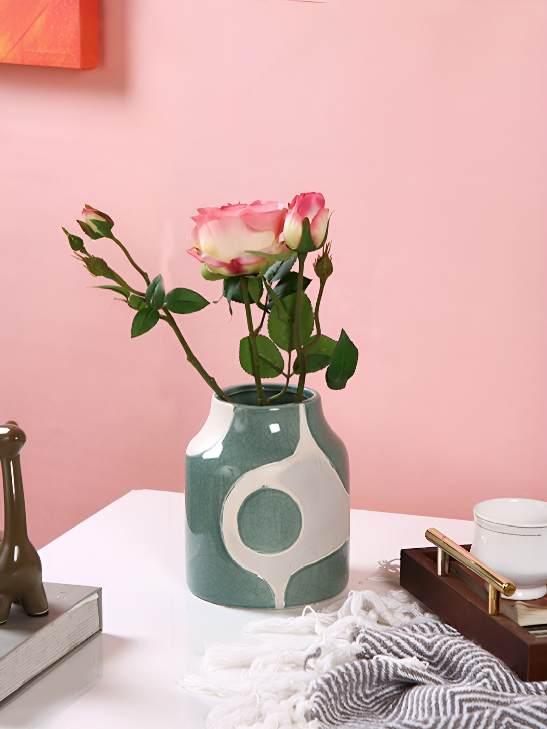 Myntra Elegant Homes White & Green Abstract Printed Sage Serenity Ceramic Vase