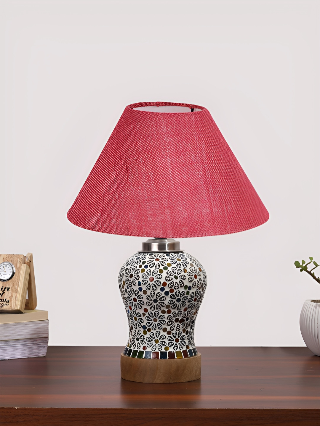 Devansh Pink Textured Frustum Shaped Wooden Table Lamp & Mosaic Glass