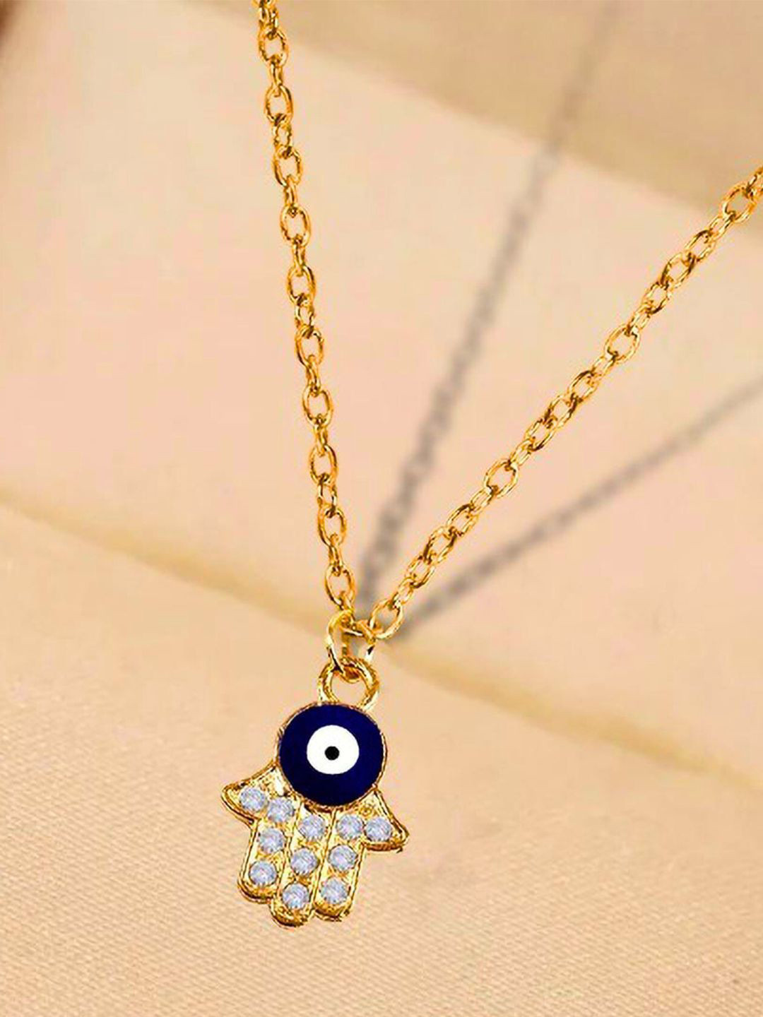 DressBerry Gold-Plated Artificial Stones Evil Eye Hamsa Hand Pendant With Chain