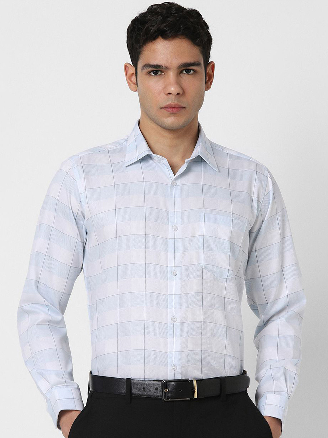 Van Heusen Windowpane Checked Roll-Up Sleeves Cotton Formal Shirt
