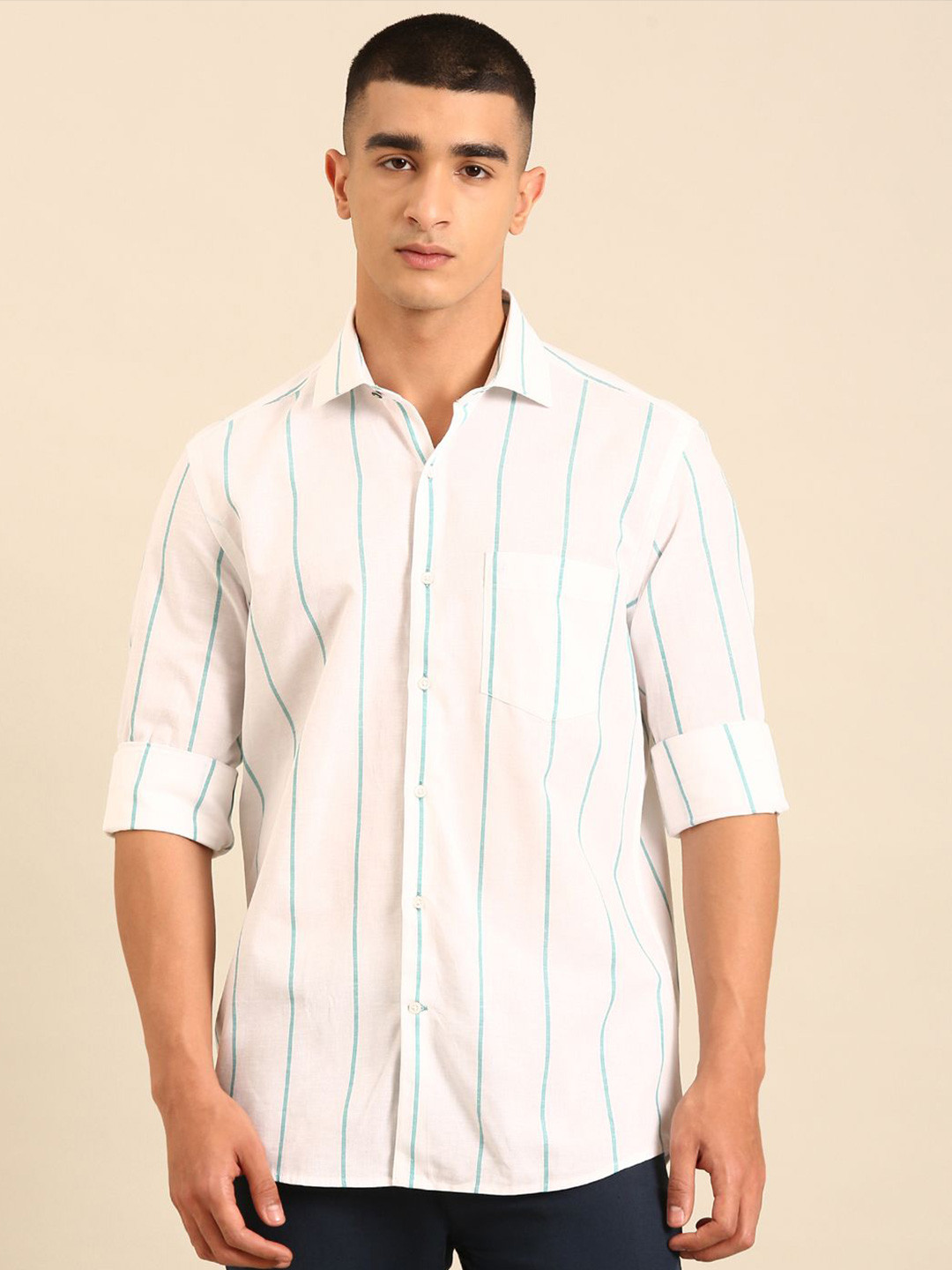 CAVALLO by Linen Club Men Vertical Striped Linen Contemporary Slim Fit Casual Shirts