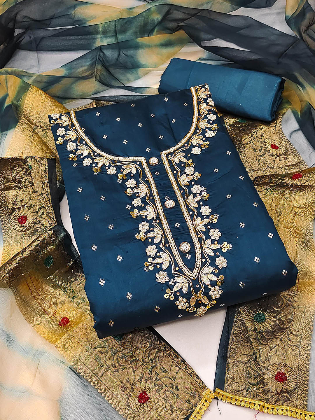 SHADOW & SAINING Geometric Woven Design Beads And Stones Unstitched Dress Material