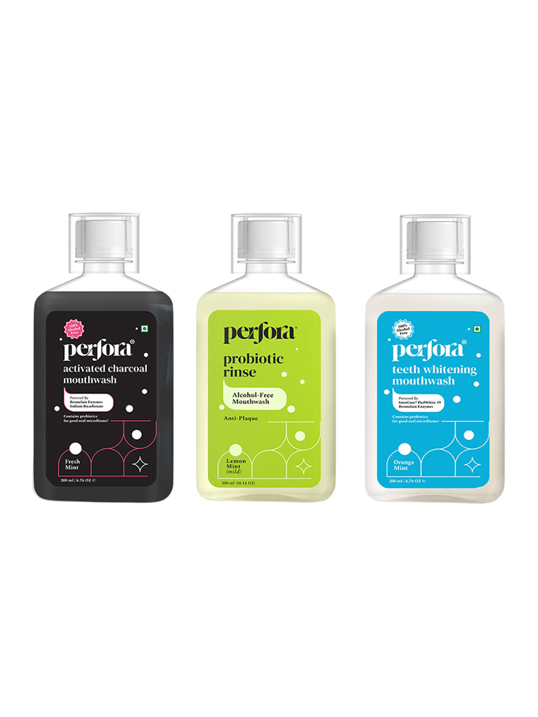Perfora Set Of 3 Activate Charcoal, Probiotic Rise & Teeth Whitening Mouthwash- 200 ml