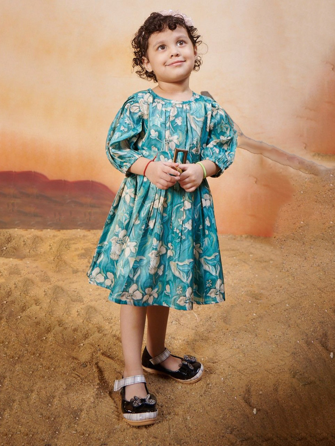 TINY TWILLS Girl Floral Print Puff Sleeves Belted Fit & Flare Dress