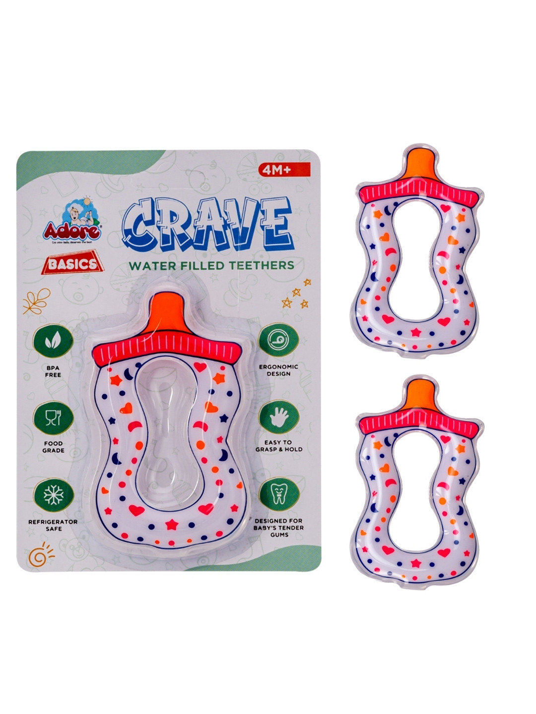 Adore Kids 2Pc White & Orange Colored Milk Bottle Design Crave Water Filled Teethers