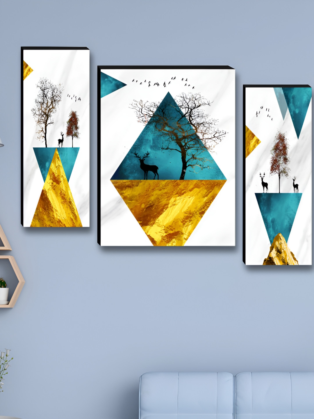 Myntra Elegant Homes White & Blue 3 Pieces Tree & Deer Wall Art