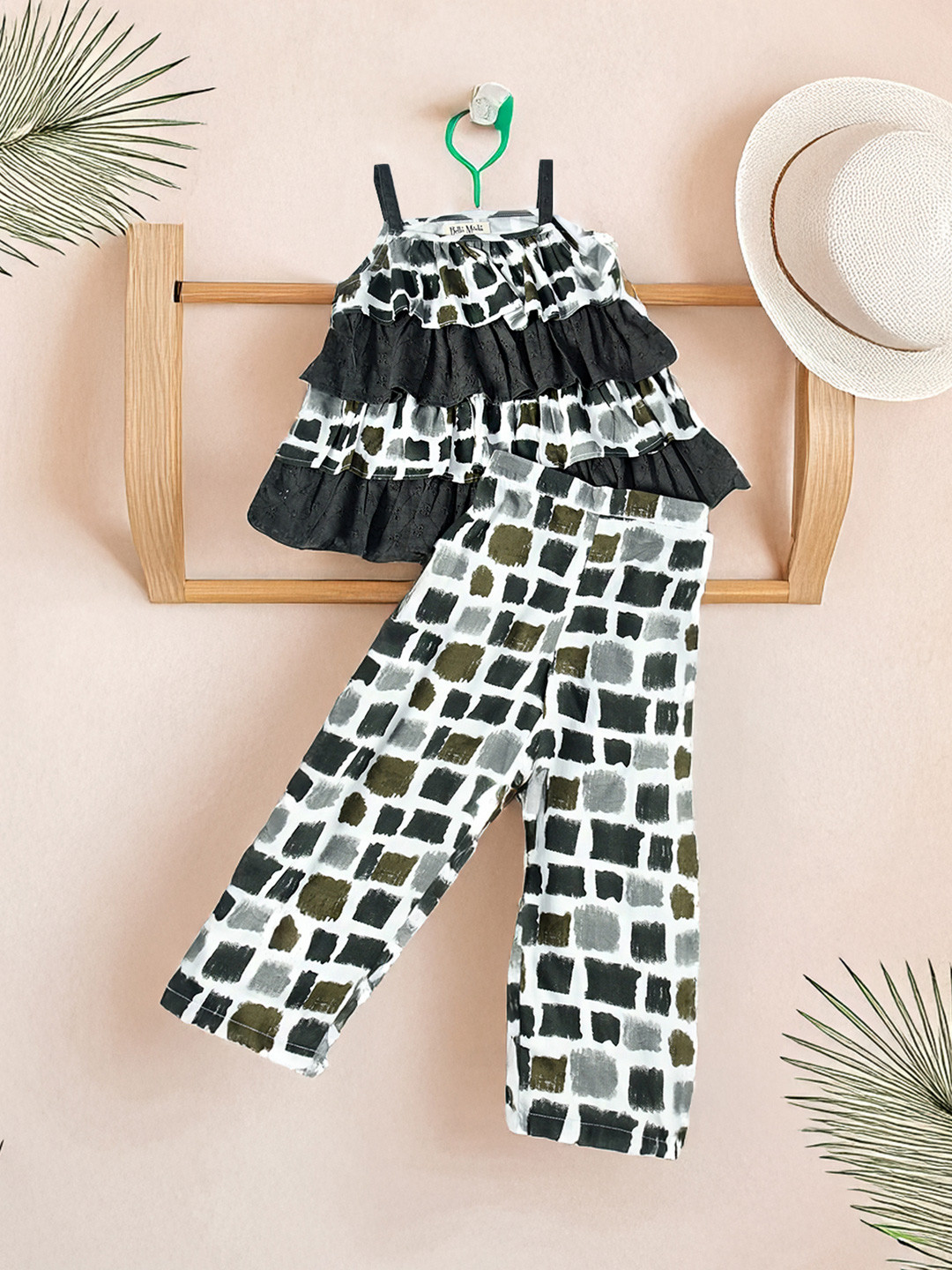 Bella Moda Girls Striped Cotton Sleeveless Multi Layered Top With Trousers