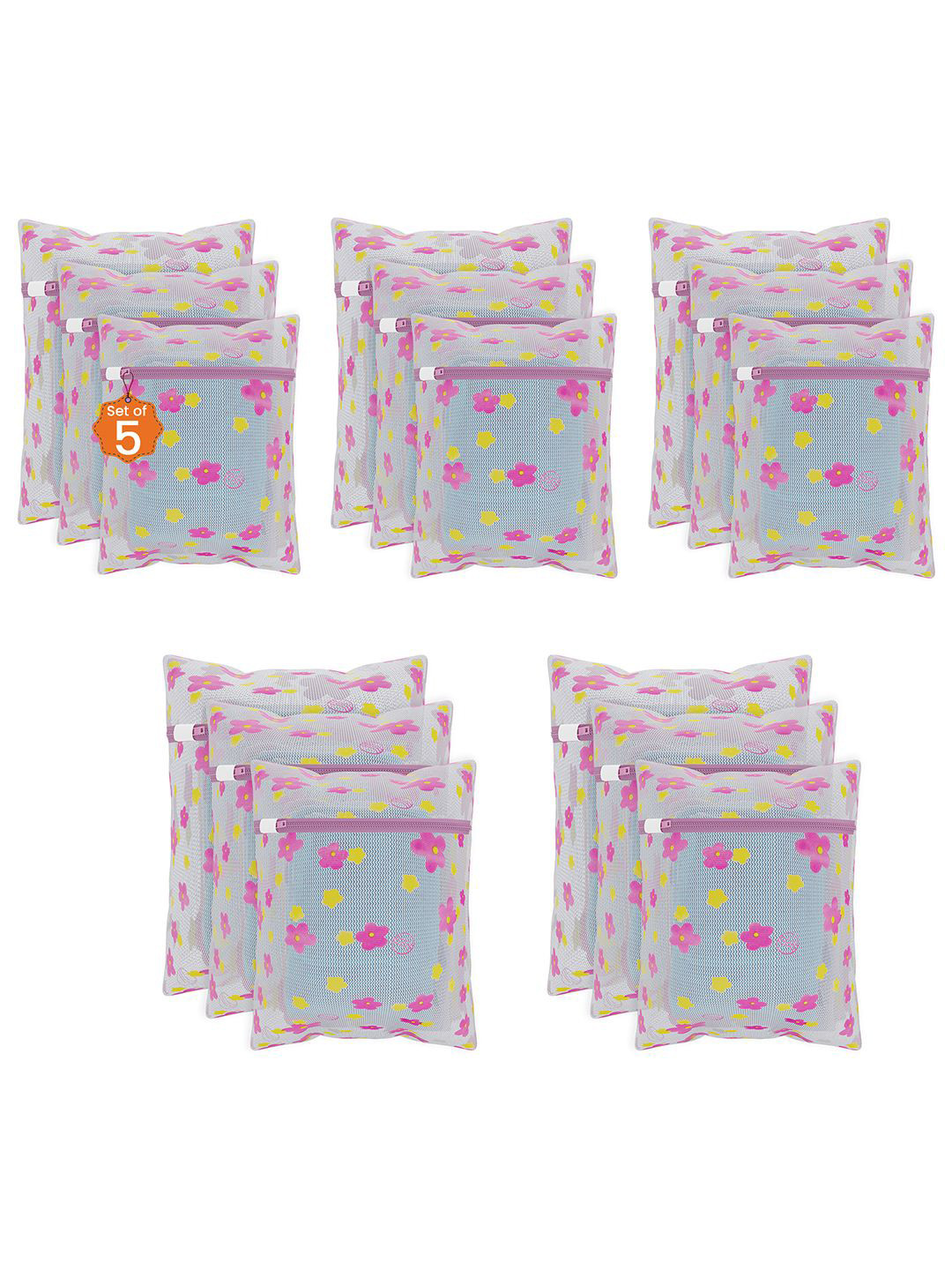 Kuber Industries Pink 15 Pieces Sunflower Designed Reusable Laundry Bags With Zipper