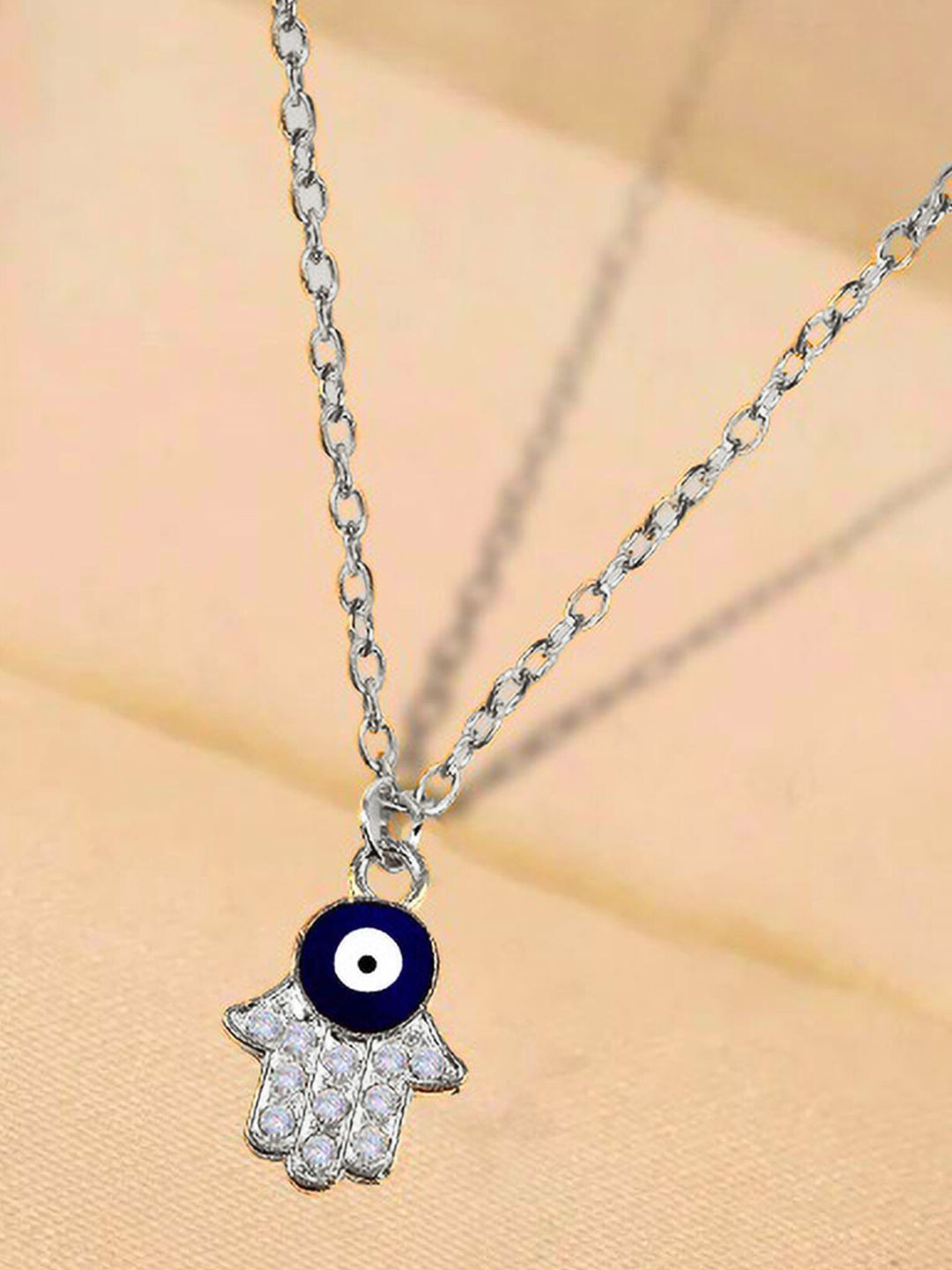 DressBerry Silver-Plated Stones Studded Evil Eye Hamsa Hand Pendent With Chain