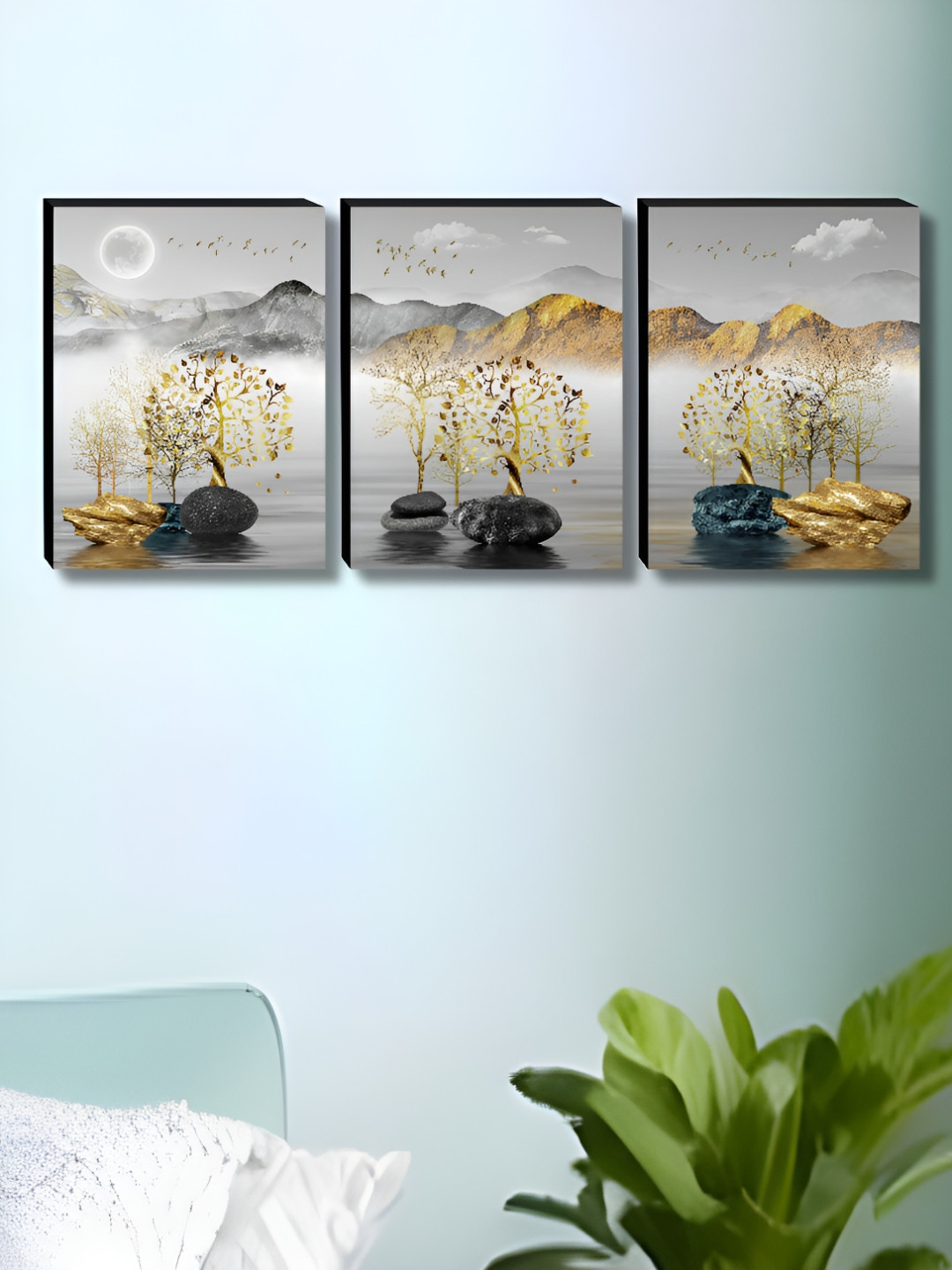 Myntra Elegant Homes Grey & Gold-Toned 3 Pieces Tree Floral & Botanical Wall Art