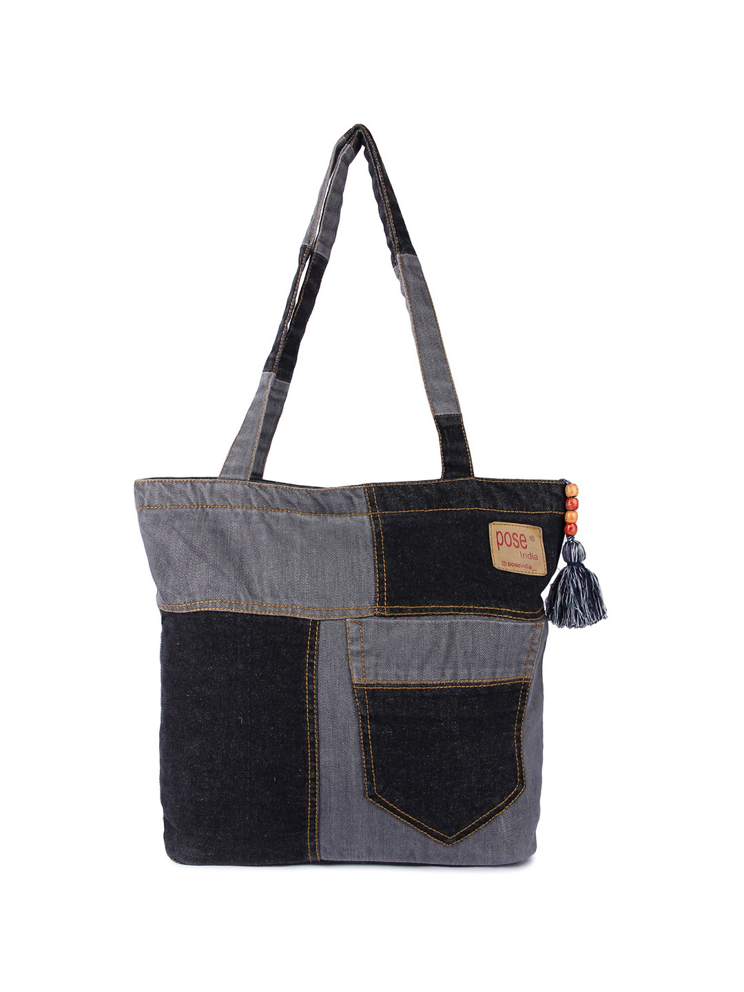 Pose india Colourblocked Structured Cotton Tote Bag with Applique