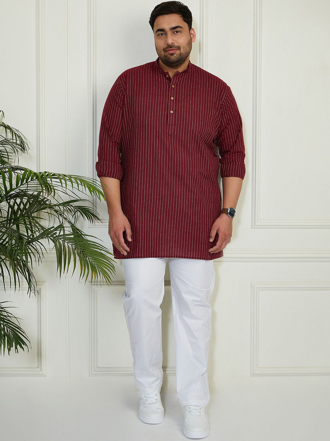 VASTRAMAY Plus Size Striped Band Collar Jacquard Pure Cotton Short Kurta With Trouser