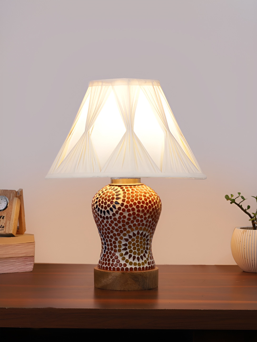 Devansh White Cotton Shade Curtain Frustum Shaped Wooden Table Lamp With Mosaic Glass Base
