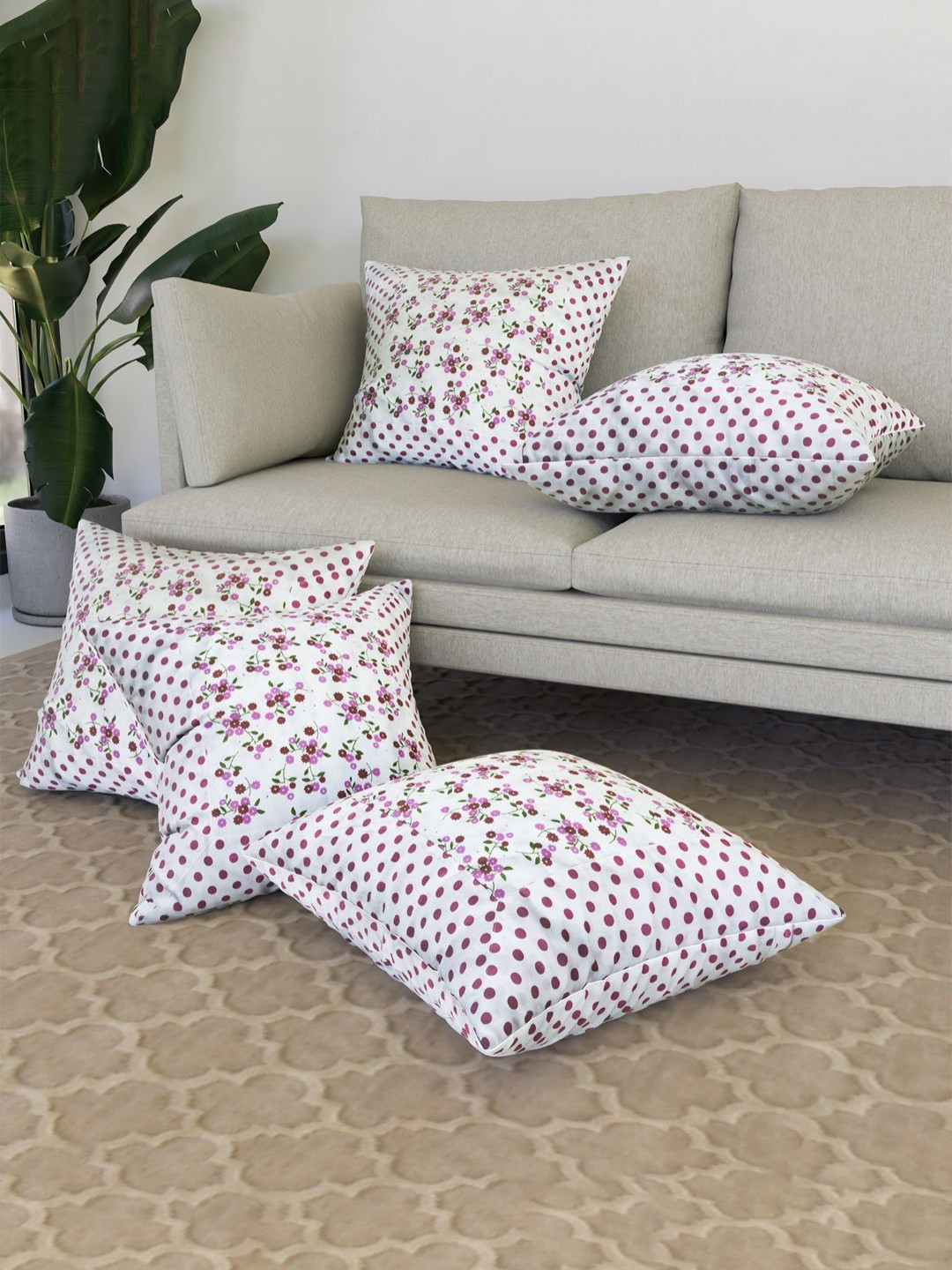 Myntra Elegant Homes White & Pink 5 Pieces Floral Printed Cotton Square Cushion Covers
